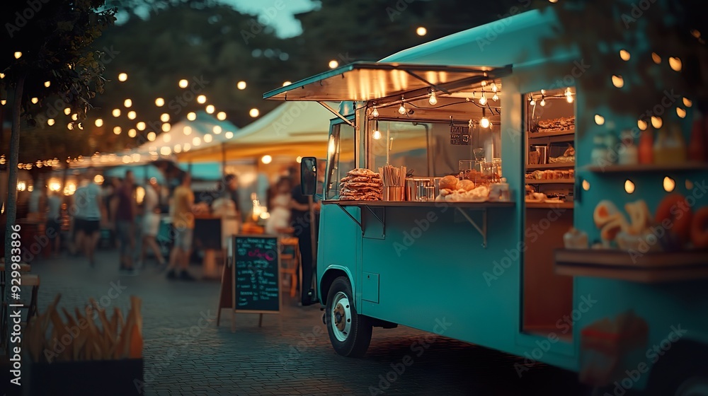 Obraz premium Night market food truck with string lights and food display