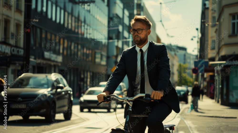 A man in a suit confidently rides his bicycle through a bustling city street, blending urban life with sustainable transport. A man in a suit confidently rides his bicycle through a bustling city street, blending urban life with sustainable transport.