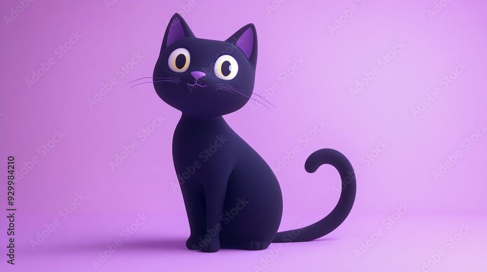Fototapeta premium A 3D cartoon black cat with a playful expression on a pastel purple background