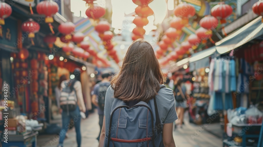 Fototapeta premium A young woman with a backpack walks through a bustling street market adorned with red lanterns, capturing a moment of cultural exploration.