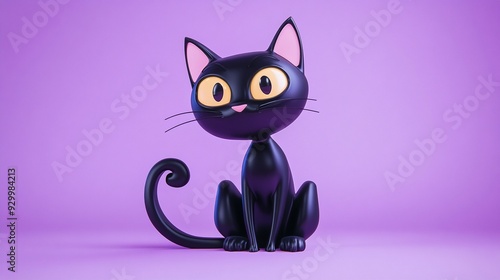 A 3D cartoon black cat with a playful expression on a pastel purple background