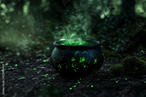 A 3D witchs cauldron with green potion on a dark forest background