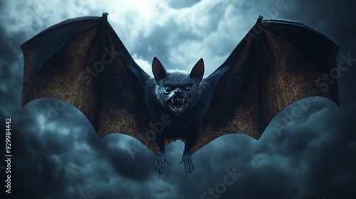 A 3D vampire bat with little fangs on a twilight sky background