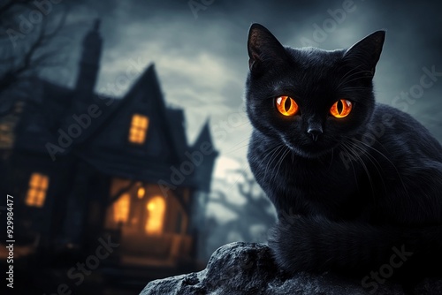 A 3D black cat with glowing eyes on a haunted house background