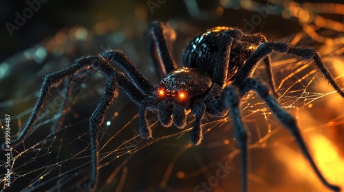 A 3D black spider on a web background