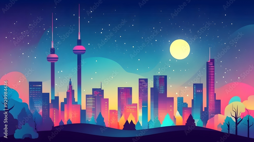 Fototapeta premium Colorful City Skyline Night Illustration
