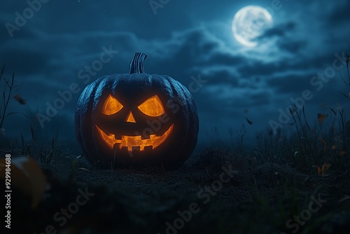 A jack-o-lantern with a spooky face on a moonlit night background