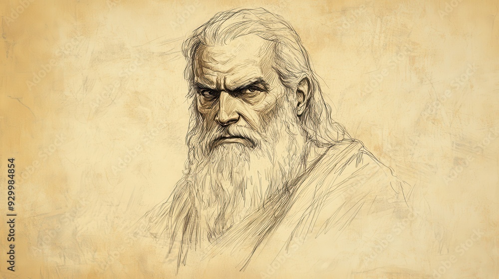 Fototapeta premium Biblical Illustration of Eliphaz’s Second Speech - Eliphaz Warning of the Dangers of Pride and Emphasizing Humility Before God, Beige Background