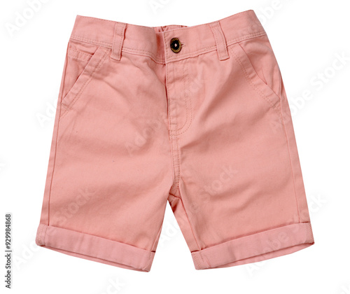 Pink boy's shorts isolated on white. Male apparel. Summer clothing. Fashion summer garment.