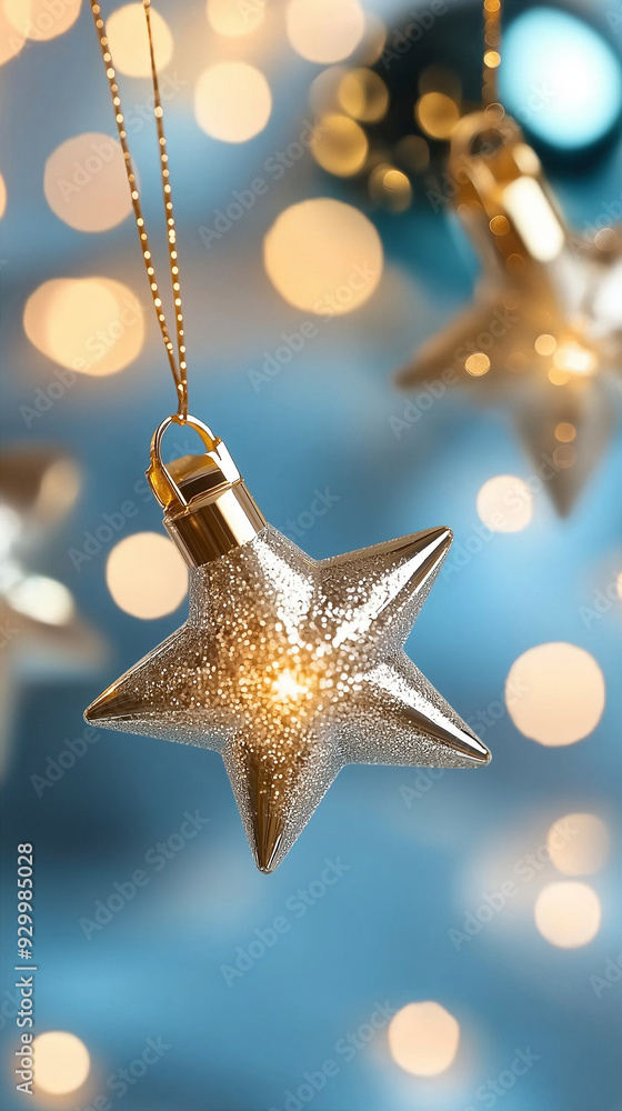 Christmas background with golden bokeh lights and star on blue backdrop. Festive and Christmas holiday decoration. Merry Christmas and Happy New Year. For greeting card, invitation, banner, poster Christmas background with golden bokeh lights and star on blue backdrop. Festive and Christmas holiday decoration. Merry Christmas and Happy New Year. For greeting card, invitation, banner, poster