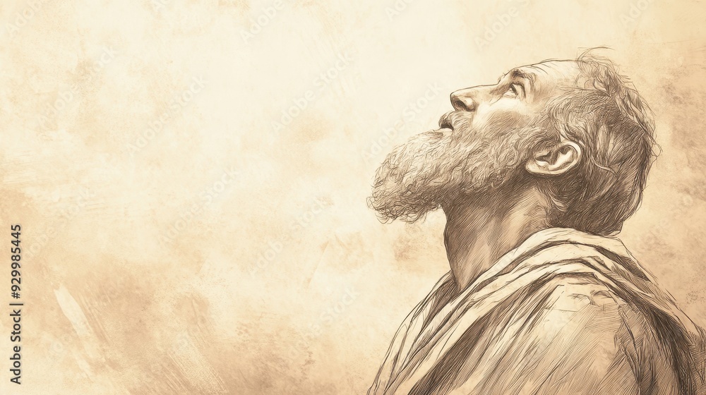 Fototapeta premium Biblical Illustration of Job’s Reply to Eliphaz - Job Looking Up to the Sky, Pleading His Case Before God with Sorrow and Defiance, Beige Background