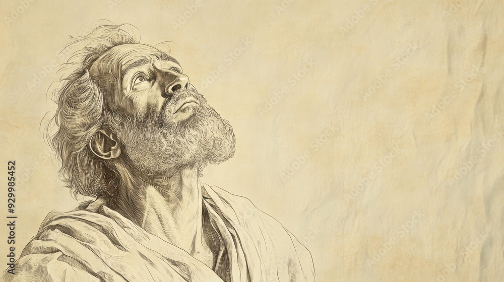Fototapeta premium Biblical Illustration of Job’s Desire for a Mediator - Job Gazing at the Sky, Expressing His Longing for Someone to Stand Between Him and God, Beige Background