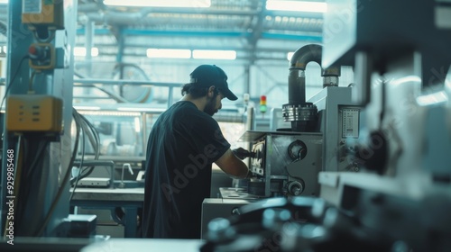 A dedicated factory worker in focus, surrounded by machinery and equipment, illustrating the meticulous nature of manufacturing work.