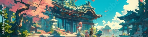 Enchanting Japanese Fantasy Adventure: Vibrant Anime-Style Digital Art Showcasing Ancient Architecture and Cultural Wonders. Perfect for Game Design, Tourism Marketing, UI Elements, and 4K Wallpapers.