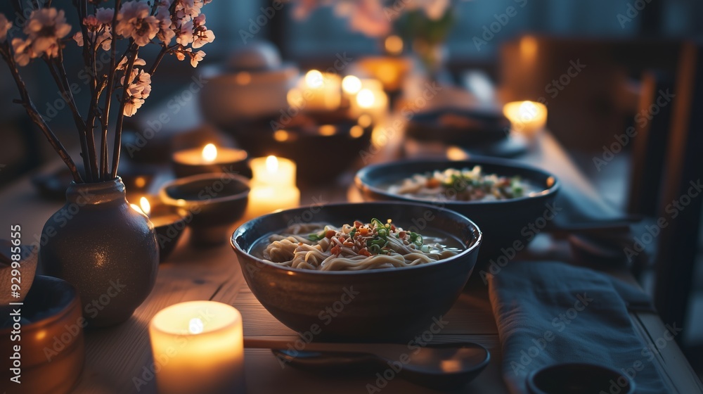 A cozy table set for homemade ramen, with fresh toppings, cherry blossoms, and soft candlelight. A cozy table set for homemade ramen, with fresh toppings, cherry blossoms, and soft candlelight.