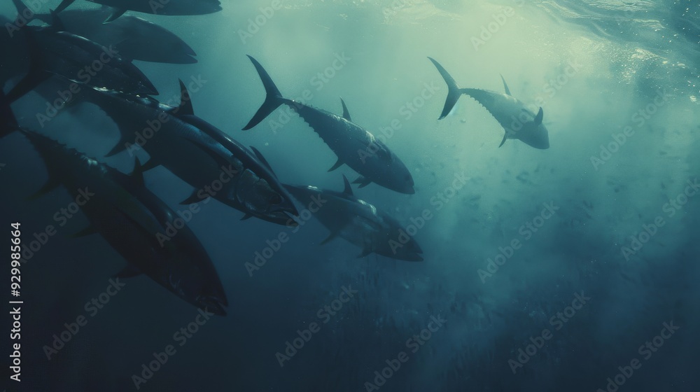 Obraz premium A school of tuna swims gracefully in deep blue ocean waters, creating a mesmerizing underwater scene of natural beauty and motion.