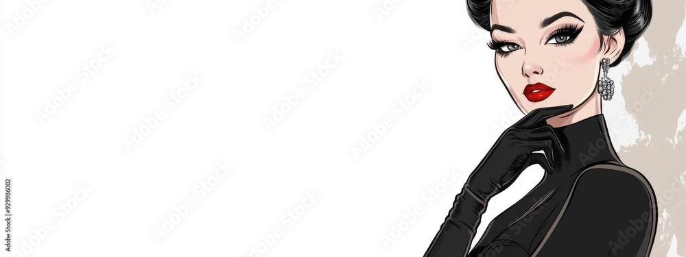 Fototapeta premium Trendy Cartoon Girl in Black Vintage Dress and Gloves with Red Lips Retro Style Character