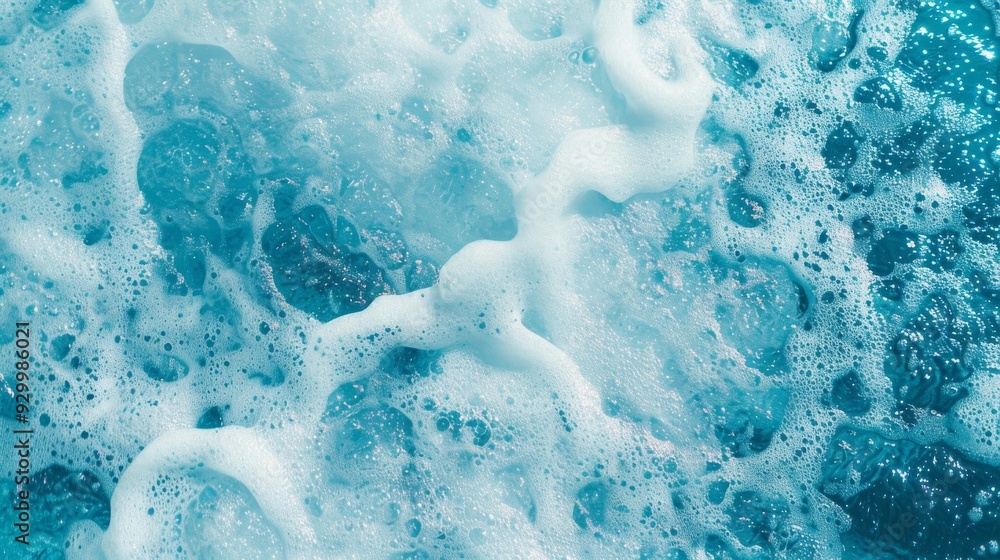 Close-up capture of frothy bubbles forming a delicate foamy texture on a blue surface of water. Close-up capture of frothy bubbles forming a delicate foamy texture on a blue surface of water.