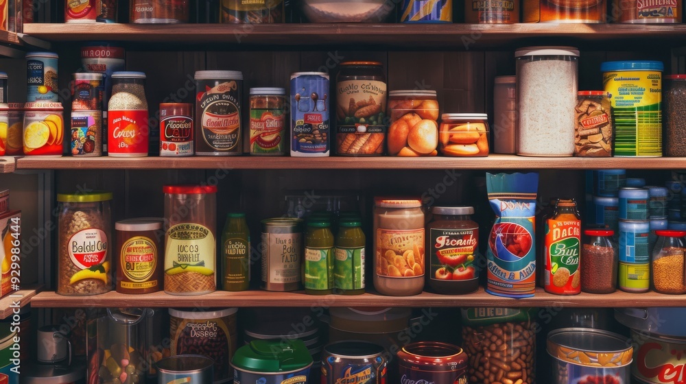 A pantry shelf filled with colorful jars, cans, and containers of various goods arranged neatly, representing abundance and organization. A pantry shelf filled with colorful jars, cans, and containers of various goods arranged neatly, representing abundance and organization.