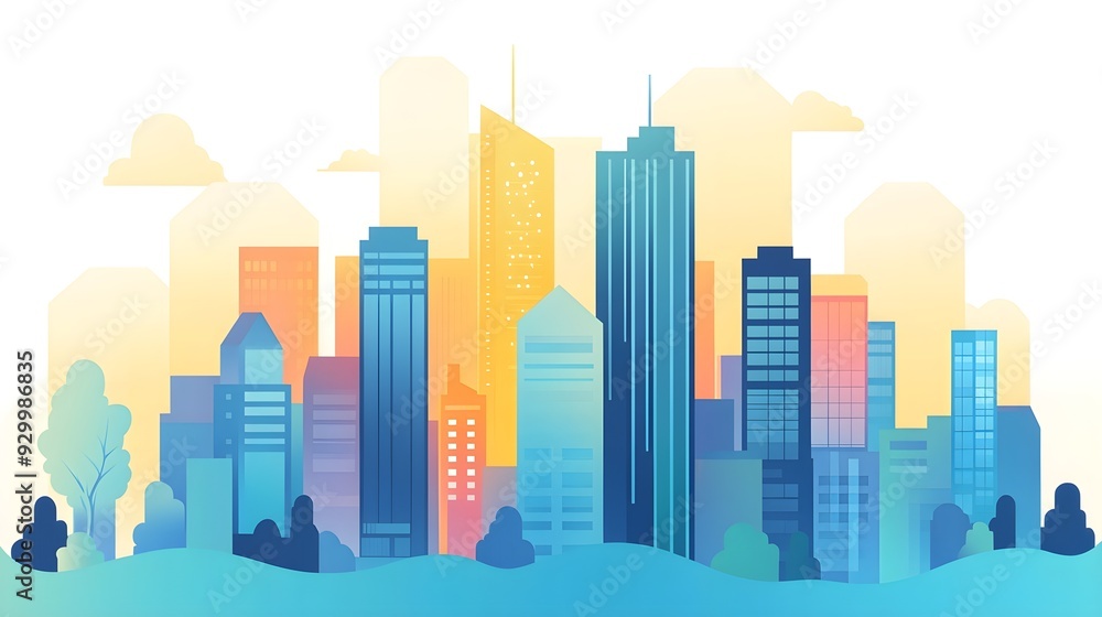Modern Cityscape Illustration with Blue and Yellow Gradient Modern Cityscape Illustration with Blue and Yellow Gradient