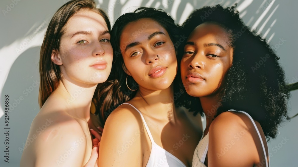 Fototapeta premium Three diverse women stand close together in warm sunlight, their faces serene and glowing, embodying beauty and unity.