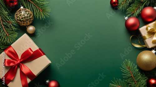 Christmas Day concept. Top view photo of present boxes with ribbon bows red green and gold baubles star ornaments pine cones mistletoe berries spruce branches in hoarfrost on isolated green background photo