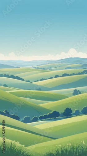 Illustration of a Serene Rolling Hills Landscape under a Clear Blue Sky