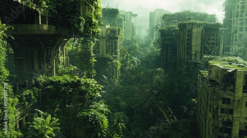 A dystopian vision of a city overtaken by nature, where the remnants of human civilization are hidden beneath dense vegetation.