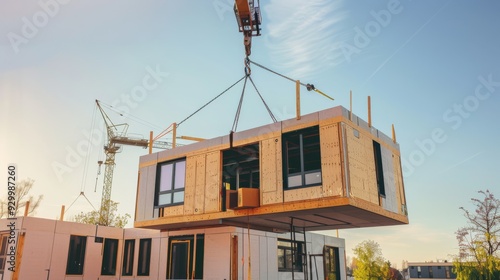 A prefabricated building section is lifted over a construction site by a crane, emphasizing the efficient assembly and construction of modular buildings.
