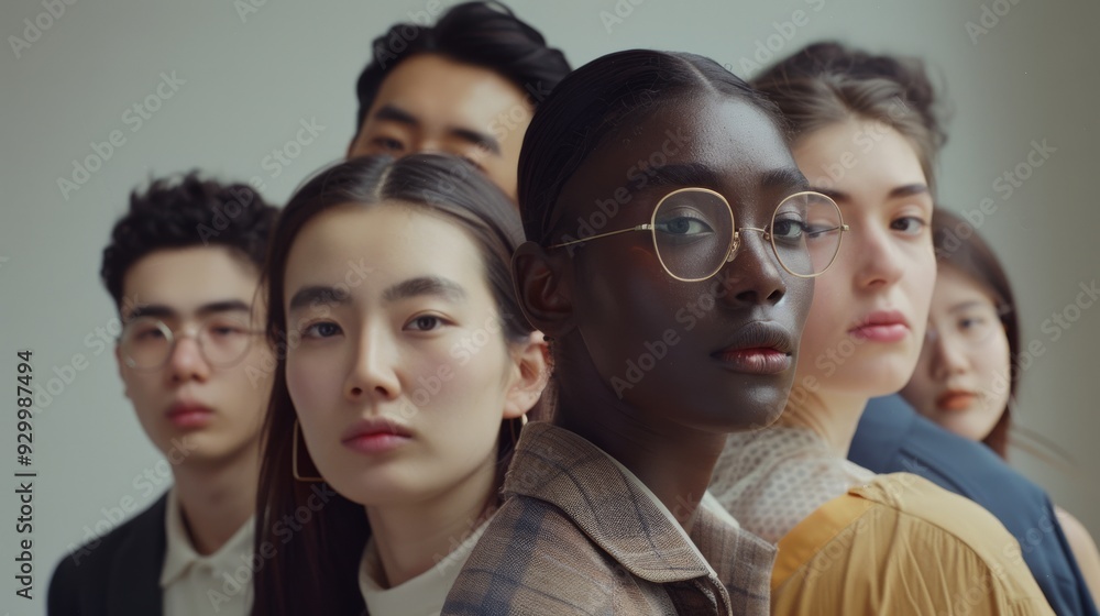 Fototapeta premium A diverse group of individuals stands closely together, highlighting unity and diversity with a sense of depth and emotion on their faces.