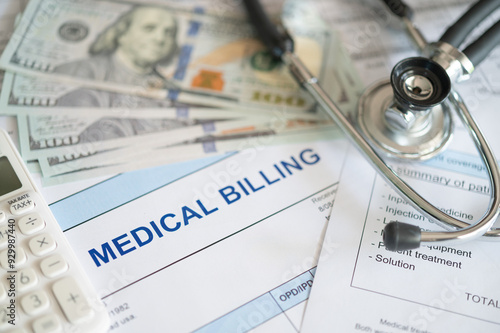 medical billing document and dollar banknote, calculator, stethoscope. medical treatment expense concept.