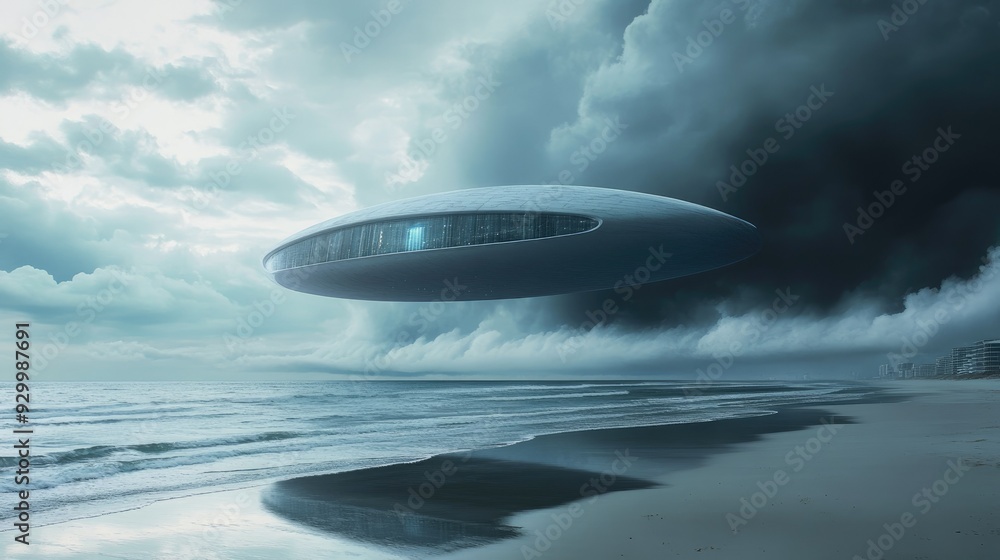 A futuristic, floating building with an oval shape looms over a calm beach, with dark, brooding clouds gathering in the sky. A futuristic, floating building with an oval shape looms over a calm beach, with dark, brooding clouds gathering in the sky.