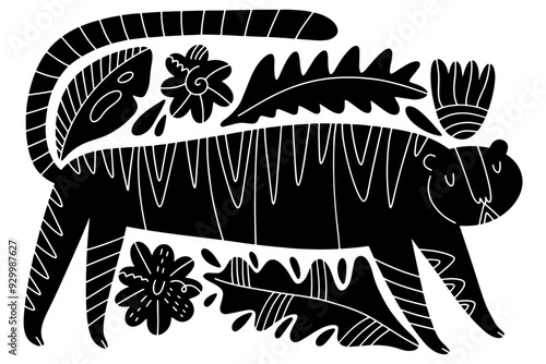 Boho funny grumpy cat toyger, Scandinavian childish style cute animalistic hand drawn flat stripes vector illustration, adorable funny nursery tropical exotic flowers and leaves cloth print editable