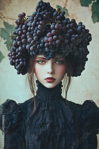 Girl with grapes on her head, hairstyle, wreath, National Wine Day. Creative modern art. A bunch of grapes