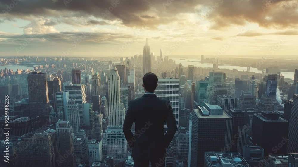 A high-angle view of a businessman looking out over a vast cityscape, symbolizing business aspirations that reach for the sky. A high-angle view of a businessman looking out over a vast cityscape, symbolizing business aspirations that reach for the sky.
