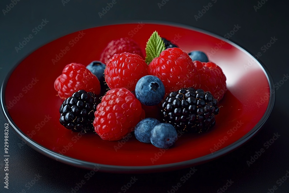 Assorted of berries on red plate. Raspberry, blackberry, and blueberry on black background. Generative ai Assorted of berries on red plate. Raspberry, blackberry, and blueberry on black background. Generative ai
