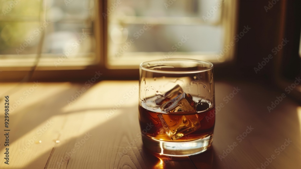 Glass of amber whiskey with ice reflecting warm afternoon light, set on a wooden table near a sunlit window. Glass of amber whiskey with ice reflecting warm afternoon light, set on a wooden table near a sunlit window.