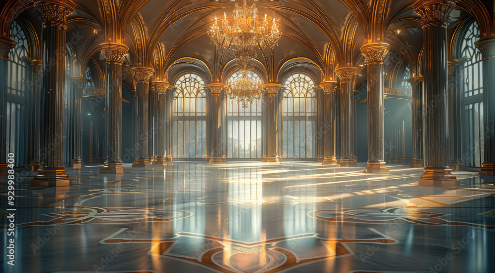 Obraz premium A gala in the magical academy the grand hall, arched windows lined the walls, allowing moonlight to spill across the polished marble floors, with the warm glow of the enchanted chandeliers above.