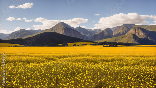 A field of yellow flowers with mountains and sky as a backdrop. AI generated
