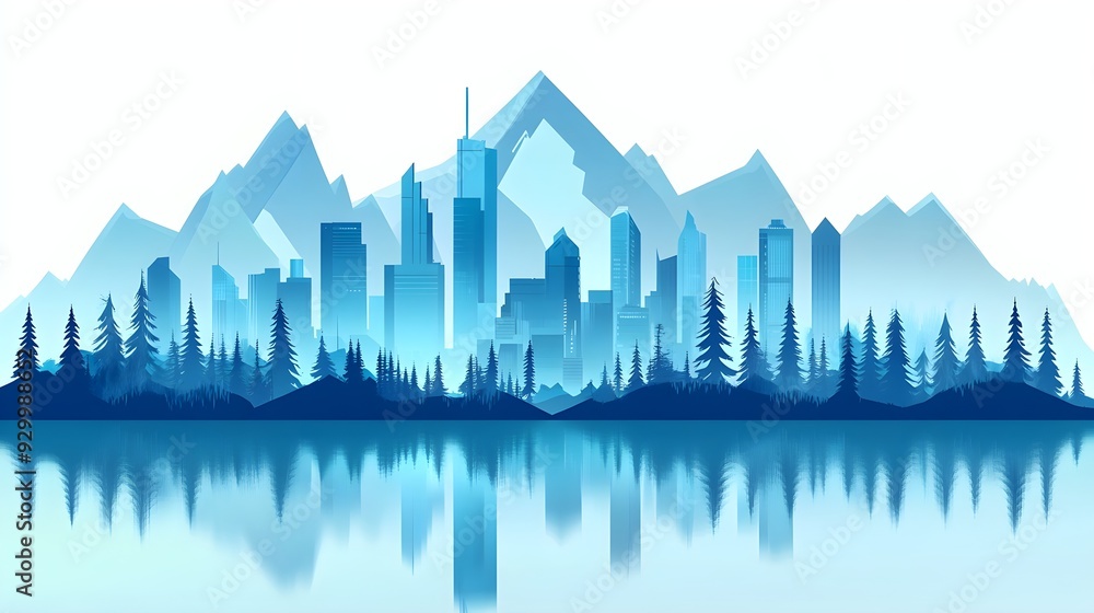 Blue Cityscape Mountains Reflection Minimalist Design Blue Cityscape Mountains Reflection Minimalist Design