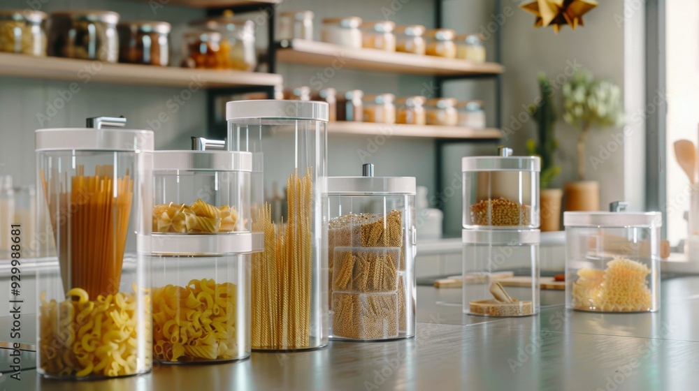 An organized kitchen scene showcasing clear jars filled with different types of pasta, creating a neat and inviting atmosphere. An organized kitchen scene showcasing clear jars filled with different types of pasta, creating a neat and inviting atmosphere.