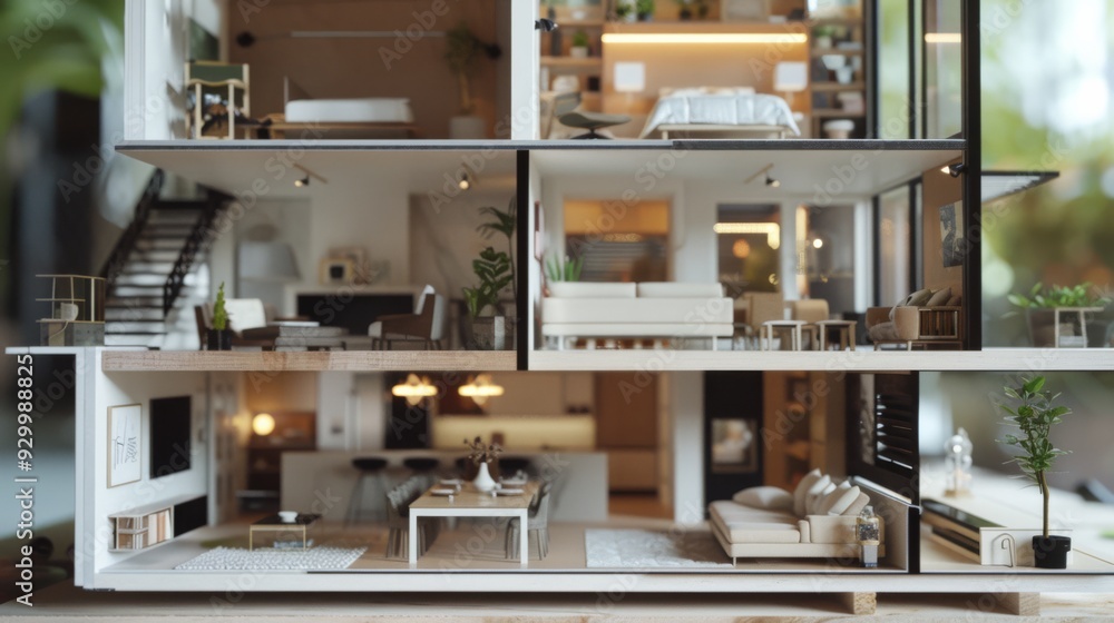 A well-lit, detailed dollhouse with modern and stylish interior design, showcasing various rooms filled with miniature furniture and decorations. A well-lit, detailed dollhouse with modern and stylish interior design, showcasing various rooms filled with miniature furniture and decorations.
