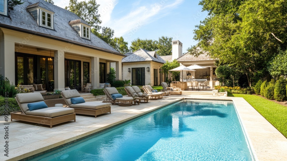 Fototapeta premium A luxurious backyard oasis featuring a sparkling pool, comfortable patio furniture, and a serene atmosphere, perfect for summer relaxation.