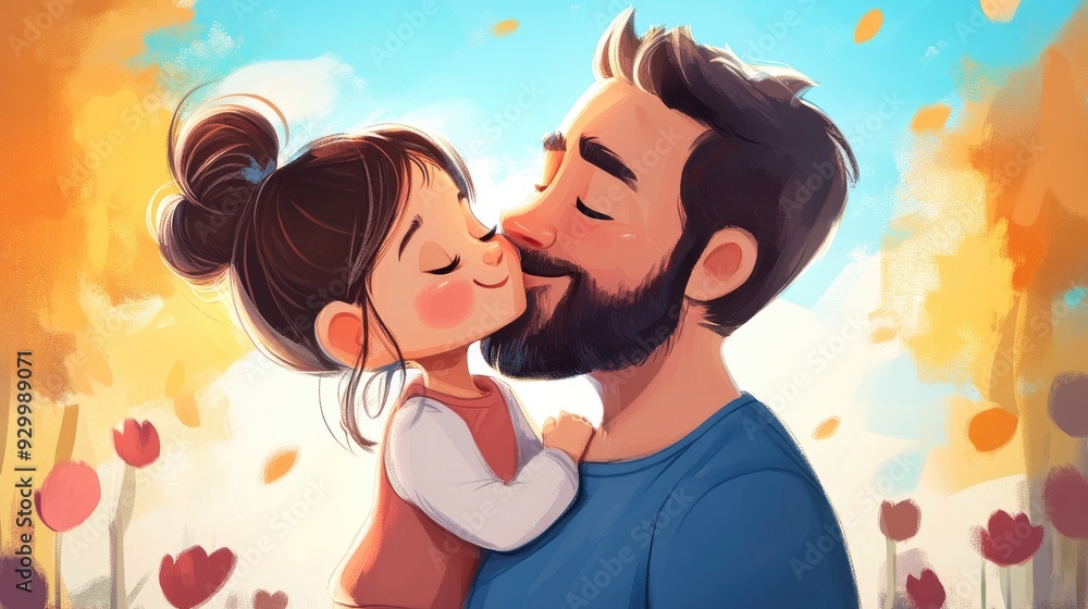 Tiny cartoon girl giving her dad a big kiss Tiny cartoon girl giving her dad a big kiss
