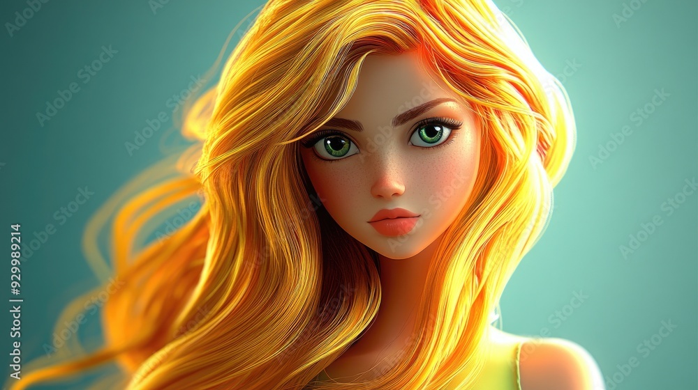 Fototapeta premium Stylish 3D cartoon young lady with long vibrant golden hair