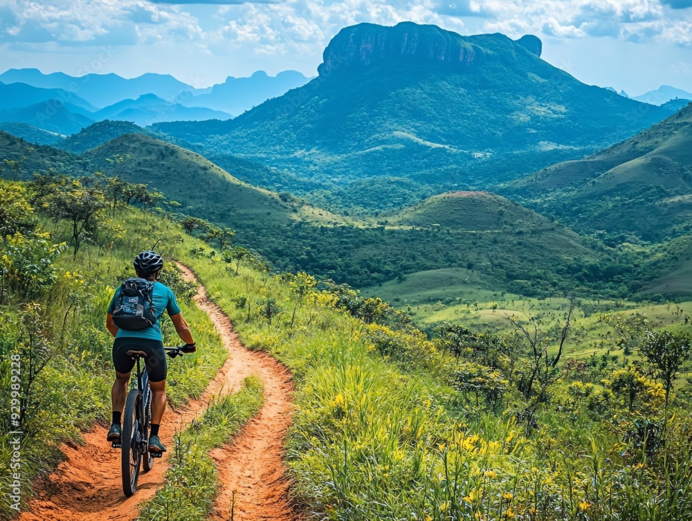 A cyclist navigating an expansive trail network, embarking on an adventurous expedition through diverse terrains Bicycle Network Expedition, Trail adventure A cyclist navigating an expansive trail network, embarking on an adventurous expedition through diverse terrains Bicycle Network Expedition, Trail adventure