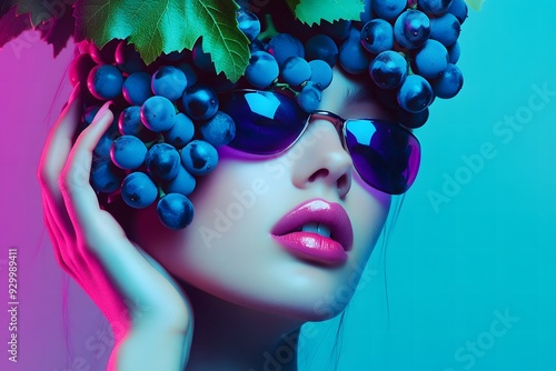 Girl with grapes on her head, hairstyle, wreath, National Wine Day, Creative modern art. A bunch of grapes