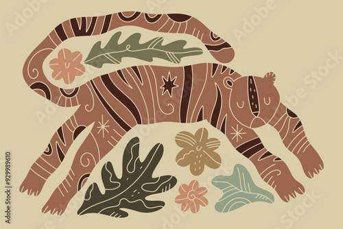 Boho funny grumpy cat toyger, Scandinavian childish style cute animalistic hand drawn flat stripes vector illustration, adorable funny nursery tropical exotic flowers and leaves cloth print editable