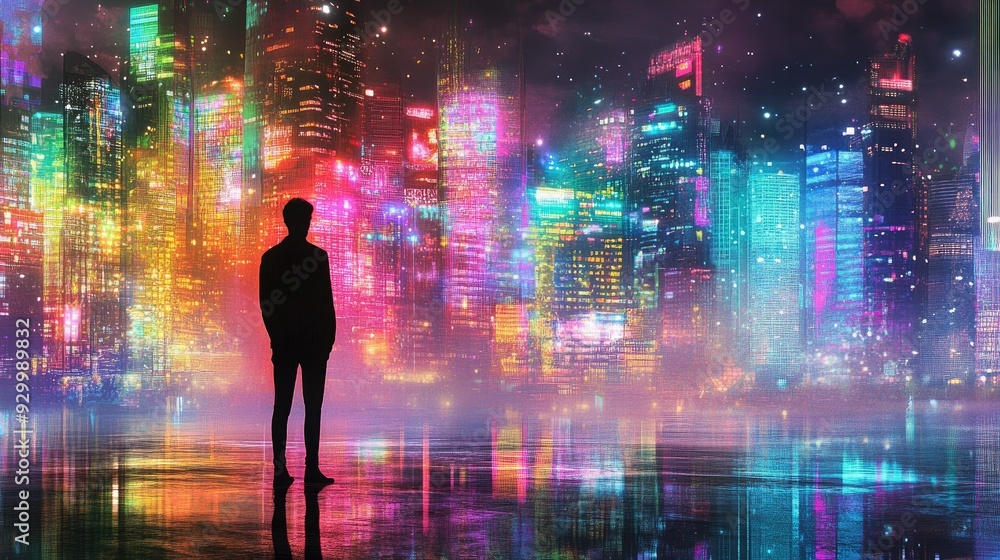 A man stands quietly against the backdrop of a vibrant city skyline, blending into the scene as the city lights reflect his introspection. A man stands quietly against the backdrop of a vibrant city skyline, blending into the scene as the city lights reflect his introspection.