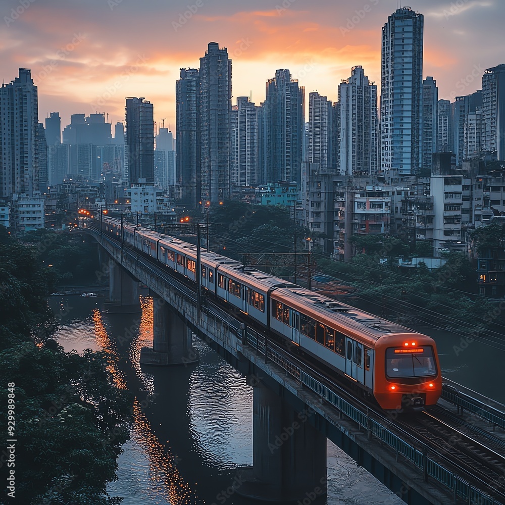A metro train crossing a bridge over a river, with cargo wagons attached to transport goods across the city Metro Bridges Goods, Urban river crossing A metro train crossing a bridge over a river, with cargo wagons attached to transport goods across the city Metro Bridges Goods, Urban river crossing